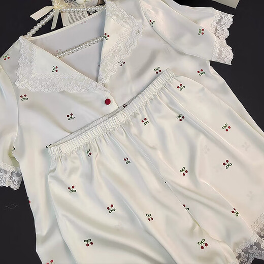 猫人（MiiOW）冰丝睡衣女三件套ins小樱桃蕾丝花边夏季新款短袖甜美少女家居服 WLW-9221[短袖短裤] M [建议80-100斤]