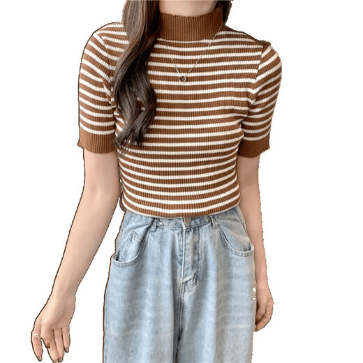 Rwnnvi gestreiftes dünner Pullover für Frauen 2025 Neuer Sommer Retro Hong Kong Flavor Haly High Neck Kurzärärmelte T-Shirt Chic Top Trendy 13063 Schwarze Streifen One Größe (70-125jin [Jin gleich 0,5 kg] kann getragen werden)