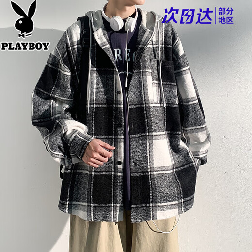 Playboy hooded men's shirt long-sleeved spring and autumn new thickened loose trendy casual plaid shirt jacket for men J25858 black plaid XL recommended 130-145Jin Jin equals 0.5 kg