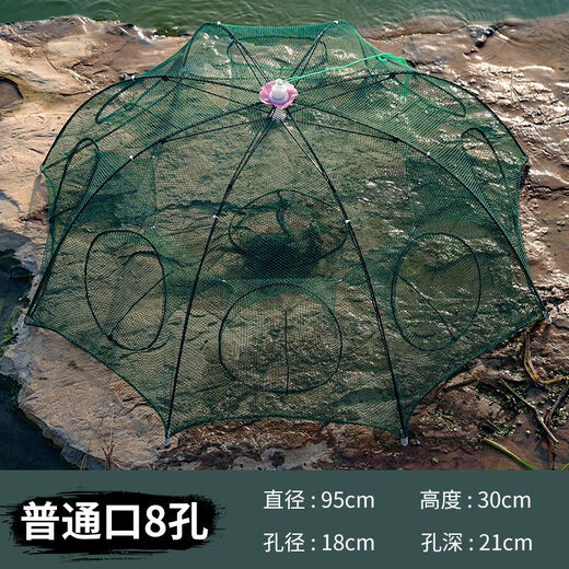 Green Tunan foldable retractable fish net, fish and shrimp cage, lobster fishing net artifact, 8 sides and 8 holes (10 baits + accessories)