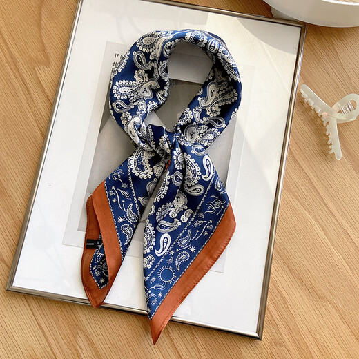 
Miao Yijia silk scarf for women, small square scarf tie neck high-end Korean scarf thin retro scarf tie summer temperament simple retro Korean navy brown edge square scarf