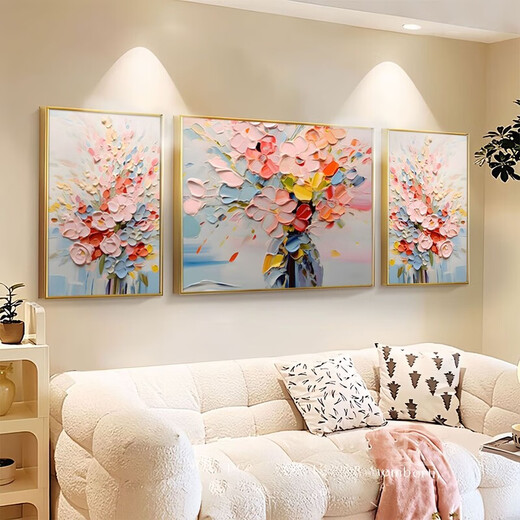 Peach Beauty Creme Blume Wohnzimmer Dekoration Gemälde Textur Triptychofa Hintergrund Wand Zusammenfassung Hängende Malerei Moderne einfache Wandveränderung 3890 Nektar-C [Standard goldbürstete Aluminium-Legierungsrahmen] Medium 70*50 Seiten 35*50 [Textilkristallporzellanstrich]