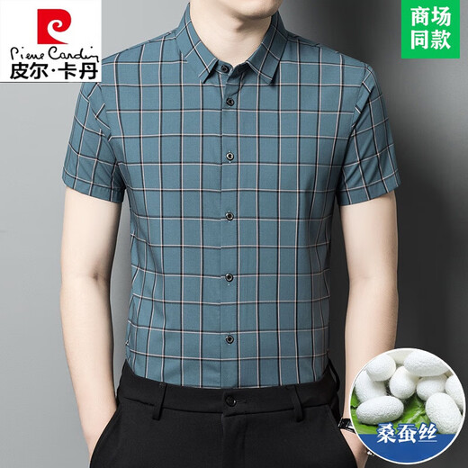 皮尔卡丹（pierre cardin）2025夏季新款高档条纹冰.丝短袖衬衫男含桑蚕丝商务休闲衬衣男装 FC2603款-深灰 3XL 190【适合体重185-220斤】