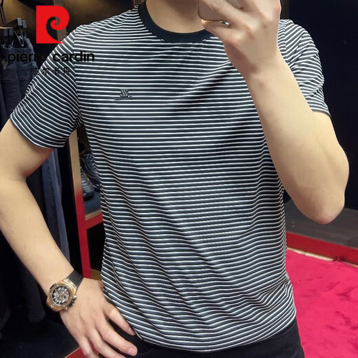 
Pierre cardin summer 2025 new round neck striped short-sleeved men's T-shirt casual half-sleeved slim base shirt sports t-shirt trend 9901 black 2XL recommended 140-155Jin [Jin equals 0.5 kg]
