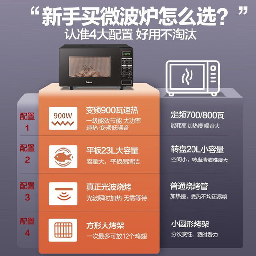 Galanz inverter microwave oven all-in-one machine 900 watts fast heating, energy saving, first-level energy efficiency, household 23 liter flat plate, easy to clean, can be grilled and defrosted BM1S1-GF3V