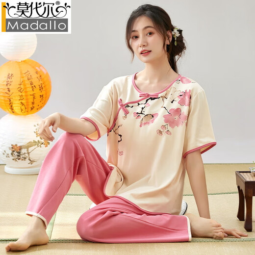 
Modal short-sleeved pajamas for women in spring and summer thin imitation cotton trousers new Chinese style summer women's home clothing set LZY9905 M (recommended 75-95Jin [Jin equals 0.5 kg])