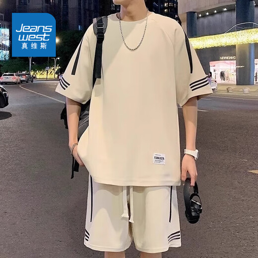 真维斯运动套装男士夏季薄款宽松潮流冰丝短袖t恤男短裤休闲两件套男装 FKS653黑色套装 3XL 约170-190斤可穿