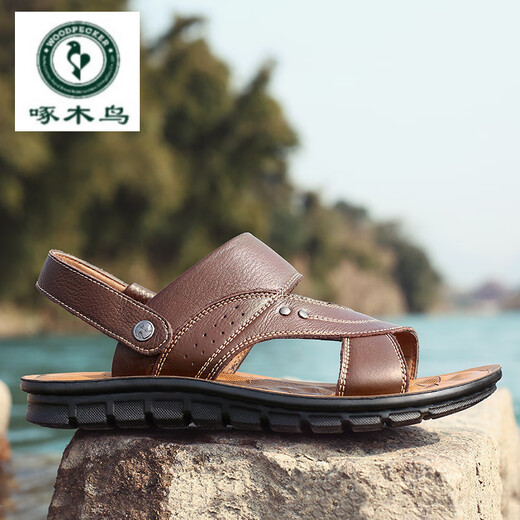 Woodpecker Primavera 2025 Sandalias de hombres nuevas para hombres Zapatos de playa de cuero genuino para hombres Zapatos de moda de hombres transfronterizos al por mayor 12129 Negro 46