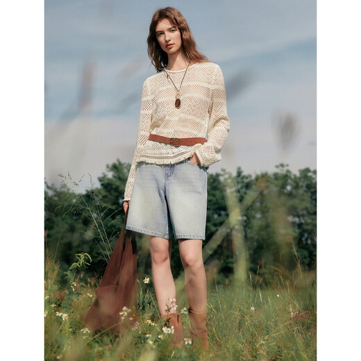 ELLE Cream Venus French fringed round neck casual shirt for women 2026 summer new hollow blouse off-white S