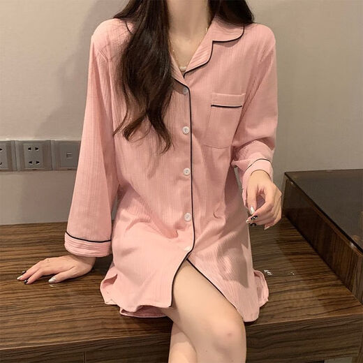 乐僖贝俫豆沙色睡衣女长袖睡裙家居服 681#豆沙色衬衫裙 175 L (95-110斤)