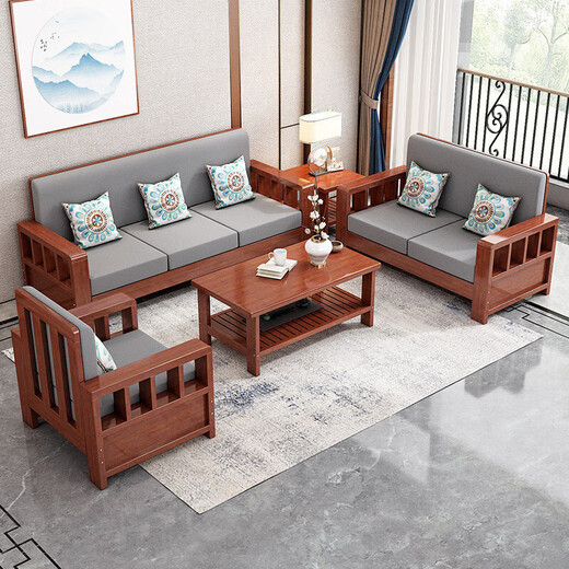 Faith Laile solid wood new Chinese style sofa living room home combination small apartment simple modern new full set of winter and summer dual-use sofa four-seater teak color