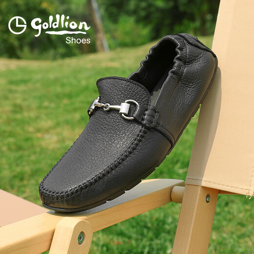 Goldlion Bean Shoes Men's Shoes Autumn Business Casual Shoes Deer Leather Shoes Soft Slip-on Driving Loafers Black 40