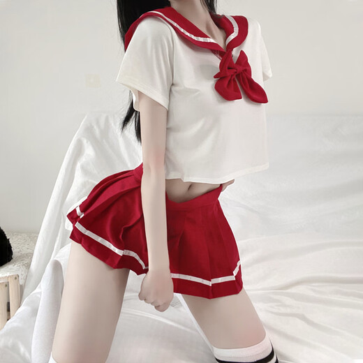 Elephant Sailor Suit Campus JK Uniform Temptation Sexy No-Take Off Pajamas Passionate Midnight Charm Suit cr Red JK Uniform +9756 Hollow One-piece Net Dress One Size 80-125