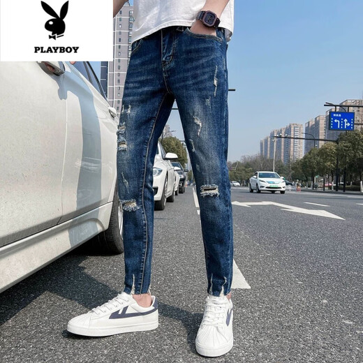 
Playboy 9-point men's ripped jeans summer thin fashion brand slim small feet Korean style handsome summer nine-point pants [quality preferred style-A9738] 28