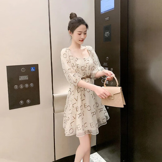 
Jian Danruo temperament Shenzhen Nanyou Dress Women's High-end 2025 High-end Guangzhou Thirteen-row Summer Square Collar Chiffon Frying Street Apricot Skirt 9435 First Belt 2XL