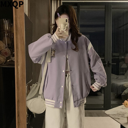 MXQP学院风棒球服外套女春秋季新款宽松休闲拼接撞色设计感立领上衣潮 1047粉色 L 【110-120斤】