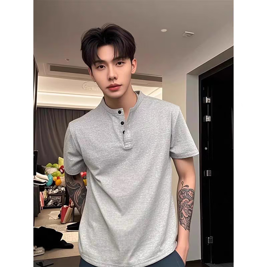 
Miao Yijia men's short-sleeved T-shirt for men loose casual summer men's Henry shirt half-sleeved base shirt top half-sleeved inner grey waffle short-sleeved XL