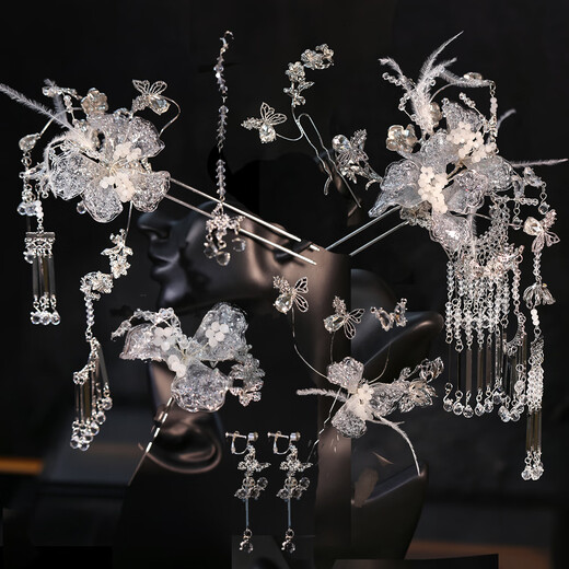 Olevo white moonlight super fairy bridal headdress silver hydrogel flower feather smart Chinese style Xiuhe dragon and phoenix gown hair accessories Yinyu ancient style 8-piece set (ear clip style) HZ1120