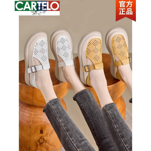 Cartelo Leather Bag-Toe Sandals for Women 2025 Summer New Hollow Breatable Soft Sole Loafer Casual Hole Zapatos en blanco 35
