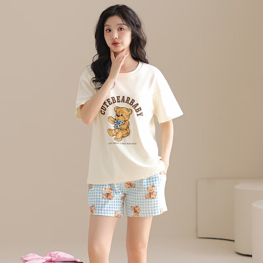 [纯棉][带胸垫]睡衣女夏款短袖短裤学生休闲可外穿家居服套装cker CKE-W6172-1A L