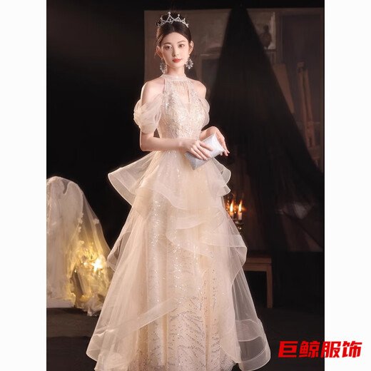 tromlfz晚礼服女新款感宴会主持人party礼服裙新年宴会端庄大气 香槟色 2XL
