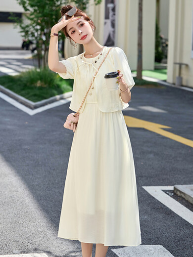 XAE luxury high-end brand short-sleeved dress for women 2025 summer new round neck embroidered vest small shawl set skirt blue L [recommended 110-120Jin [Jin equals 0.5 kg]]