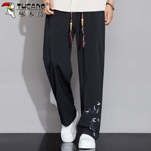 Pájaro carpintero (tucano) pantalones casuales para hombres para pantalones de verano para hombres delgados listos bordados bordados estilo chino pantalón de seda de seda con patas anchas negras xl