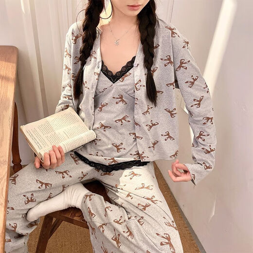 Ziwei Qifeng bow suspender pajamas for women with chest pad three-piece collar cardigan jacket long-sleeved home clothing set 13803 black three-piece set with chest pad 185 XXL recommendation 140-155