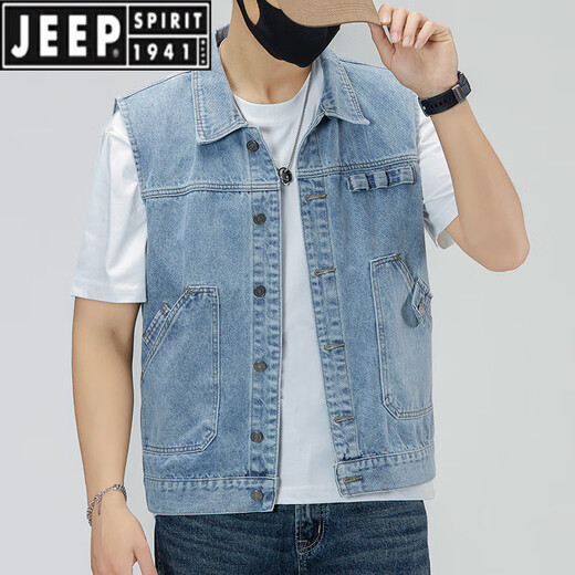 Jeep (Jeep) Color claro 2025 Nuevo chaleco de mezclilla Men sueltos de gran tamaño retro Vest Capacalizador de trabajo Horse Workwear Chaqueta de marca moderna 6231# Retro Blue 2xl (recomendado 160-175Jin [Jin iguala 0.5 kg])