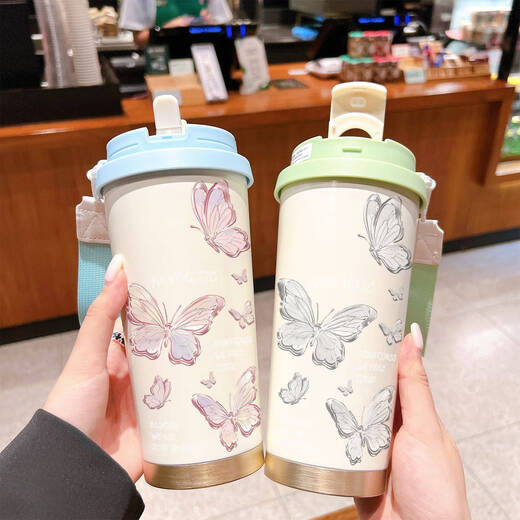 Yonghuan Butterfly Copa Termal de acero inoxidable Gran capacidad Paja Copa de agua portátil Girls 2025 Café de alta precisión BXAD6194 Cubierta de cerámica de 520 ml de 520 ml