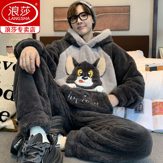 浪莎（langsha）男士睡衣男珊瑚绒冬季学生卡通宽松冬天法兰绒加厚加绒家居服套装 *ZS*9903【双面长毛绒套装】 M 小号(75-95斤)