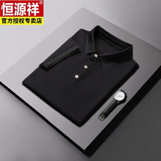 恒源祥夏季纯色翻领短袖男士潮流百搭商务休闲带领半截袖t恤男装 黑色 QY686 M