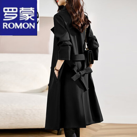ROMON trench coat for women 2024 spring new mid-length spring and autumn women's clothing small commuting casual versatile coat black XL