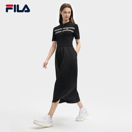 Fila Offizielles Frauenkleid 2025 Sommer Neue Mode lässig einfache schlanke kurzärmelige Rock, Black-Bk S 160/80A/S