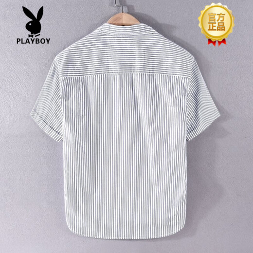 花花公子（PLAYBOY）条纹衬衫男士短袖夏季薄款日系复古纯棉免烫韩版休闲半袖贴标衬衣 9740蓝色 M 【适合体重110-125斤】