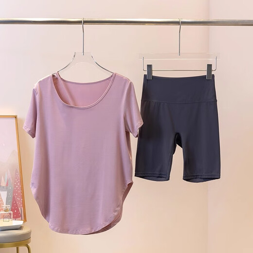 Baichao Yoga Suit Women's Summer Gym Loose Slim Covering Sports Running Pilates Top Cycling Fitness Clothes White Short Sleeves + Cocoa Color Five-Feng Pants S (Recommended 75-95Jin Jin equals 0.5kg)