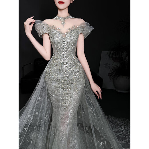 勤驰新品鱼尾轻婚纱新娘法式出门纱一字肩重工主纱高级质感小拖尾 婚纱鱼尾裙送七 M 均码