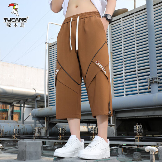 啄木鸟七分裤男夏季直筒阔腿宽松男士7分短裤百搭潮流薄款休闲8分裤子 6629米白色 M (95-115)斤