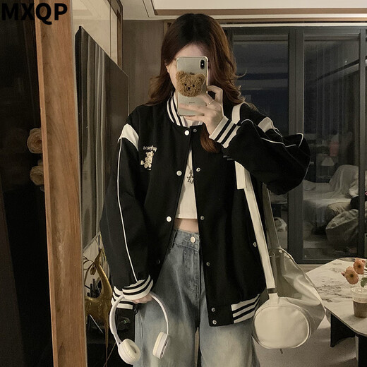 MXQP学院风棒球服外套女春秋季新款宽松休闲拼接撞色设计感立领上衣潮 1047粉色 L 【110-120斤】