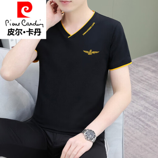 皮尔卡丹（pierre cardin）针织冰感领百搭短袖T恤男2025夏季新款帅气潮流休闲鸡心领棉修身 白色 Q693 4XL 建议165-185斤