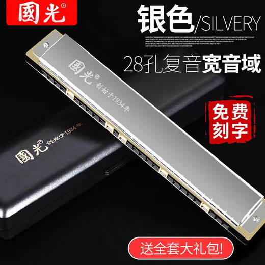 Guoguang Armónica polifónica de 24 hoyos en tecla C para estudiantes principiantes, niños y niñas, instrumento de viento armónica de nivel inicial de autoaprendizaje Tecla C plateada polifónica de 28 hoyos + libro de partituras