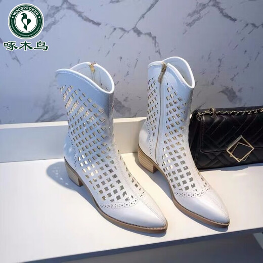 Woodpecker Botas de Malla Blanca Botas Cortas Huecas Verano de Mujer Tacón Medio 2026 Nuevas Sandalias Botas Martin Delgadas Punta Puntiaguda Botas de Vaquero Occidental Blanco 35