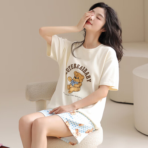 [纯棉][带胸垫]睡衣女夏款短袖短裤学生休闲可外穿家居服套装cker CKE-W6172-1A L