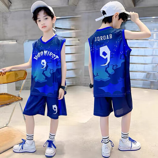 [Jungen Basketball Uniform] Jungen Basketball Uniform Schnelltrocknen Anzug Baby Ärmel und Sommeranzug Kinder Junge Grün 150