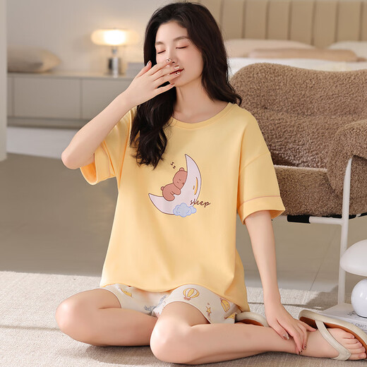 费迈博加肥加大码200斤睡衣女夏短袖短裤宽松可爱卡通家居服套装5 a3519 短裤套装 M  80-95斤
