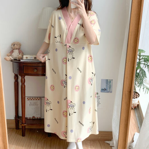 草景家孕妇睡衣夏季短袖待产裙带胸垫月子服医院进产房大码哺乳裙可外穿 QSY16813短袖裙子 L码 建议体重95-120斤左右