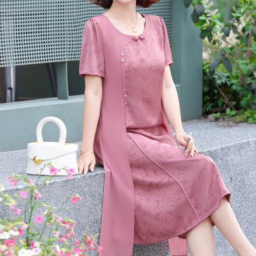 Ye Yi Middle-aged and Elderly Dresses, Mother-in-law and Mom Summer Dresses, 50-year-old fashionable middle-aged women's fake two-piece chiffon skirts 6625 pink 5XL Recommended 145-160Jin [Jin equals 0.5 kg]
