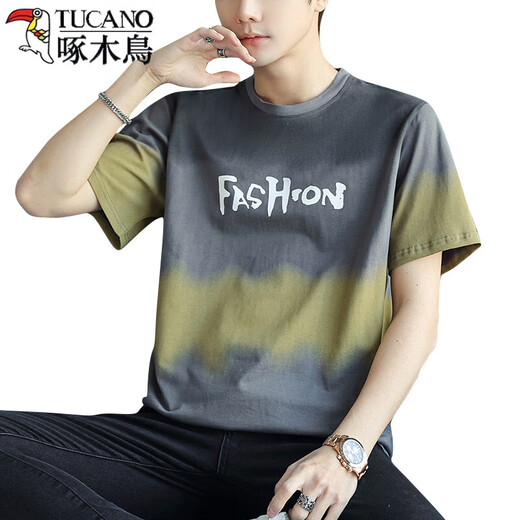 Specht (Tucano) Kurzärärmelte T-Shirt für Herren Sommer dünn 2025 Neue Ice Silk Trendy Marke Halbärmelte T-Shirt Kontrastbuchstaben Tie-Dye-Basis 826 Khaki 2xl