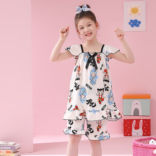 Children Nezha Pyjamas Girls Summer Sans Soup-Oevel Cartoon CLUB COTTON MIDE Big Children's Home Clothes Princess Style Sost Set W983 # Girls Suspender Set [Kulomi] 120 [12 codes recommandés 110-120cm]