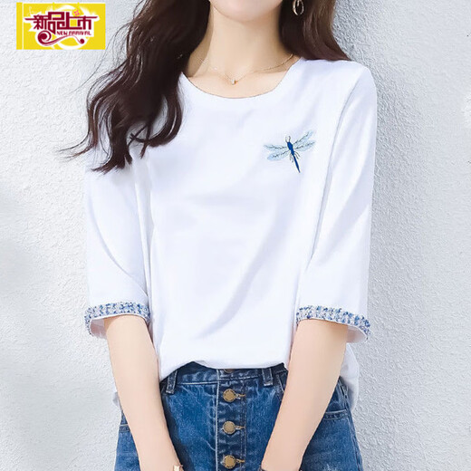 初径2025新款新款春夏棉七分袖t恤女士中袖宽松设计感青春短袖夏季上 W6172冰蓝 中袖 M (建议80-105斤)